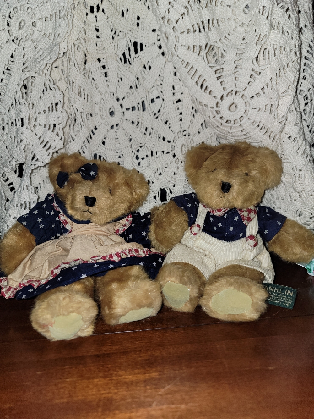 Russ Pair of Brown PatrioticTeddy Bears Franklin And Amelia in Navy Star Outfits